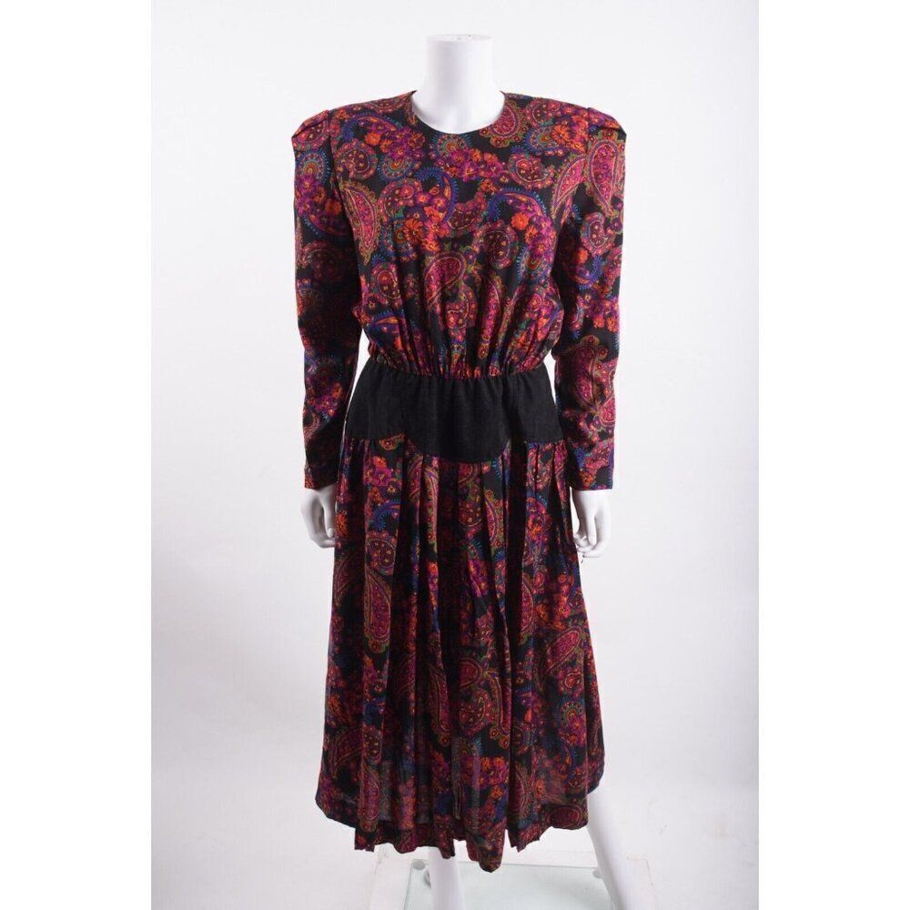 Vintage Leslie Fay 80s Womens Midi Dress Sz 12 Paisley Pink Black Secretary